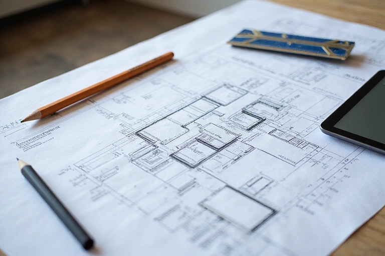 Architectural drawings and design tools on a table, symbolizing precision and planning