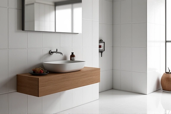 A modern bathroom with sleek white tiles, a wooden vanity, and a large mirror.