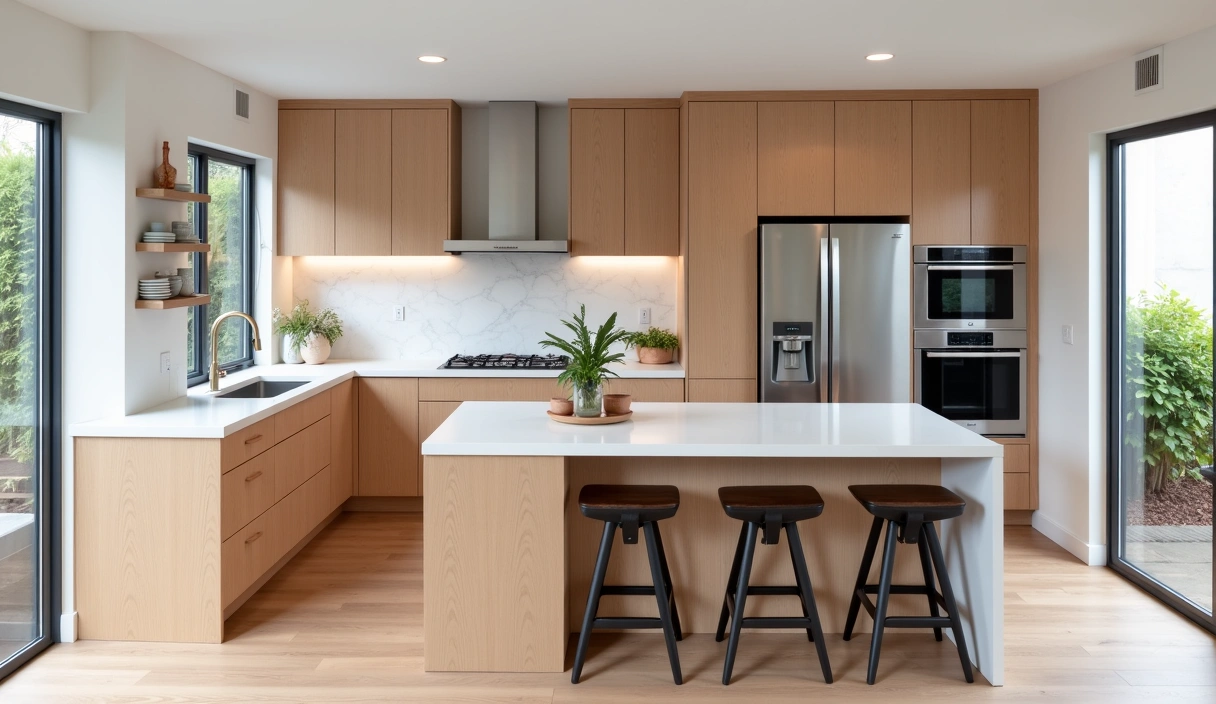 A modern, newly renovated kitchen with sleek cabinets, stainless steel appliances, and a large island.