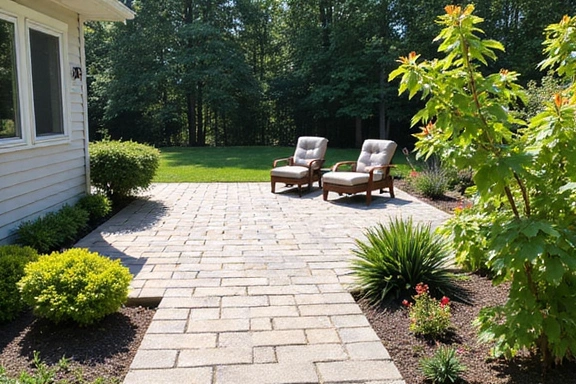 A beautifully landscaped backyard with a new patio, outdoor furniture, and lush greenery.