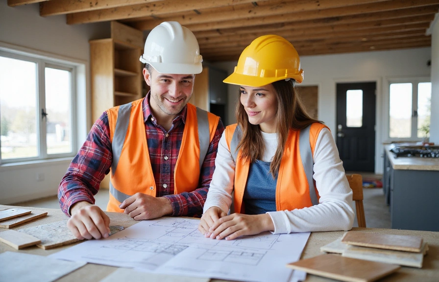 A homeowner discussing kitchen design plans with a contractor, looking at blueprints and material samples.