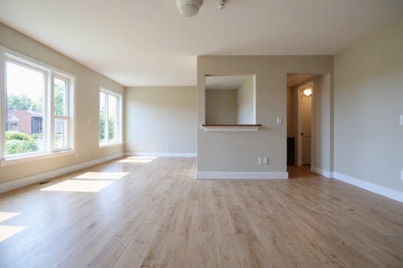 An open-concept living room with new hardwood flooring and fresh paint.