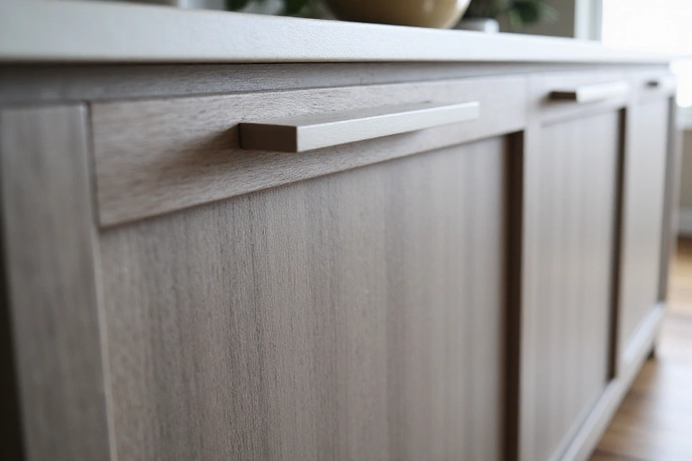 Close-up of a sturdy, well-crafted kitchen cabinet with a smooth finish and modern hardware.