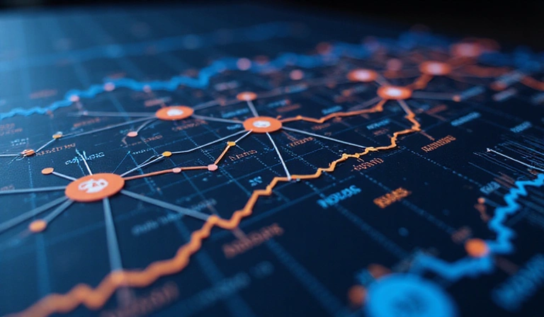 Abstract visualization of website analytics data, showing charts, graphs, and user flow, representing how performance cookies help understand user behavior