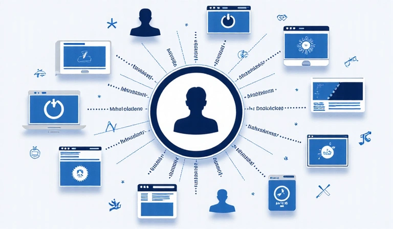 Digital representation of targeted advertising, with a user profile icon connected to various ad banners and platforms, illustrating how advertising cookies work