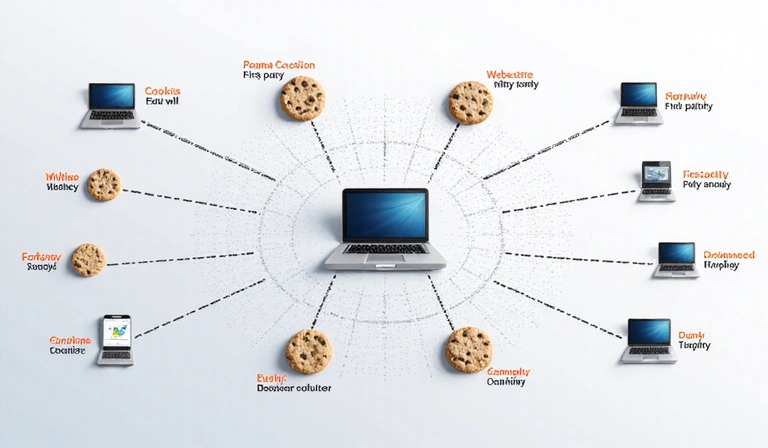Illustration of various cookies in a digital environment, representing first-party and third-party data collection