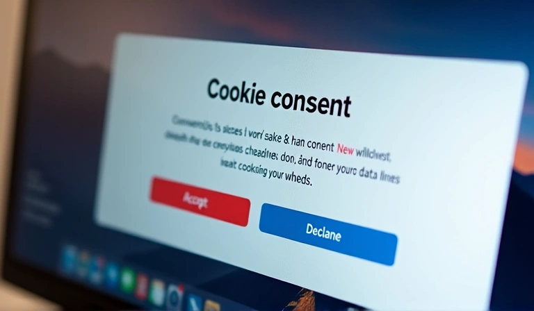 A close-up of a computer screen showing cookie consent pop-up, symbolizing data privacy and website interaction.