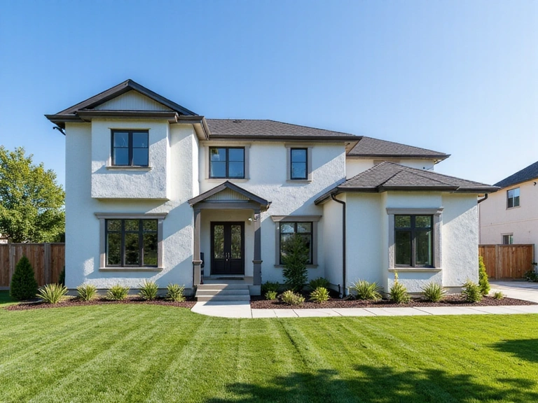 Elegant house exterior with manicured lawn and modern architectural features