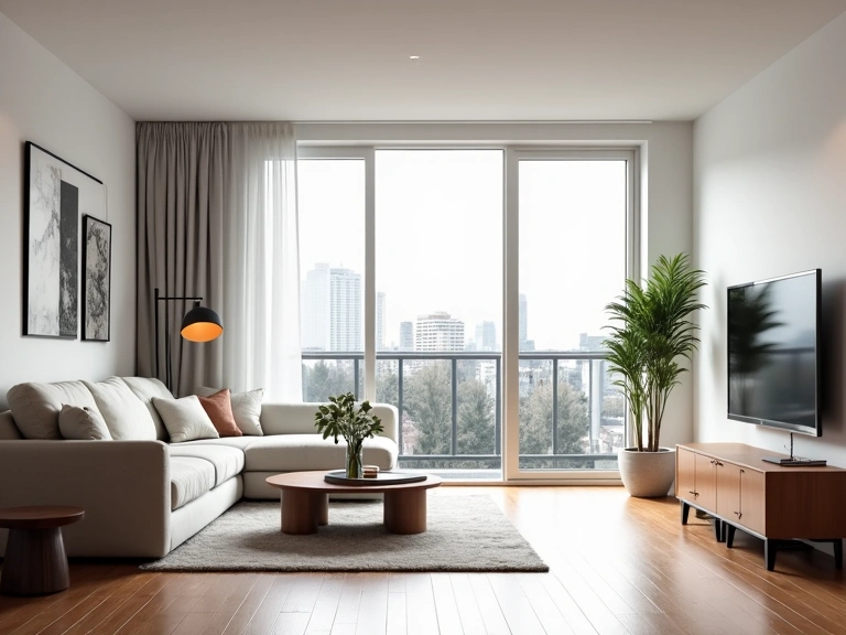 Modern apartment interior with minimalist design elements and natural light