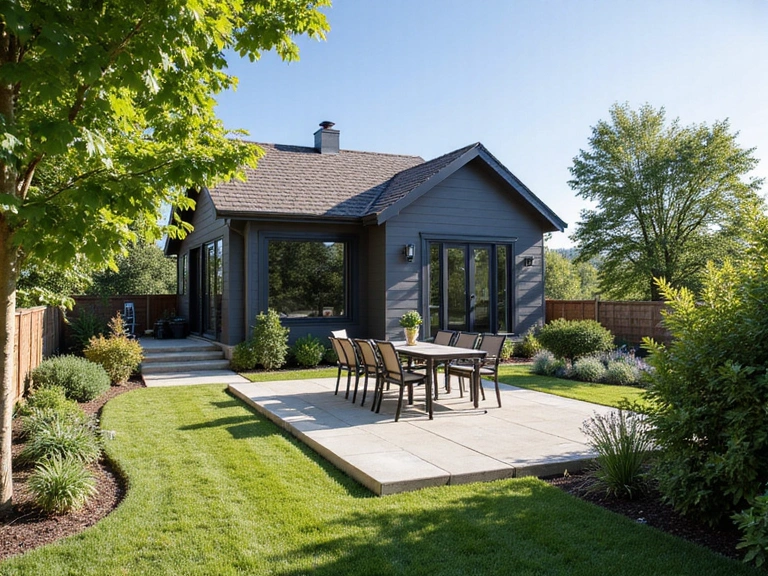 Modern house with a beautifully landscaped garden and outdoor seating area