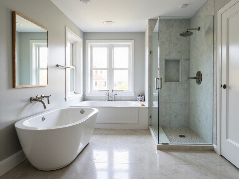 Serene bathroom interior with a freestanding tub and walk-in shower