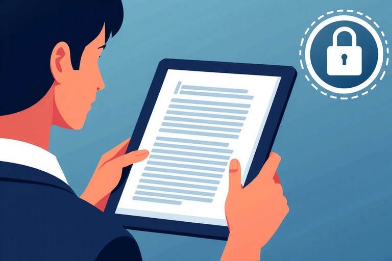 Digital illustration of a user reading terms and conditions on a tablet with a secure lock icon, representing website usage guidelines.