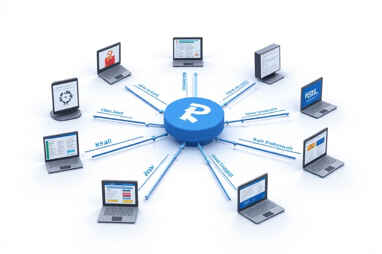 Illustration of interconnected websites and data flow, symbolizing third-party links and external services.